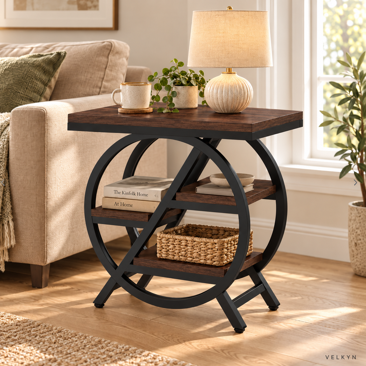 Table d’appoint – 3 niveaux, bois & métal noir