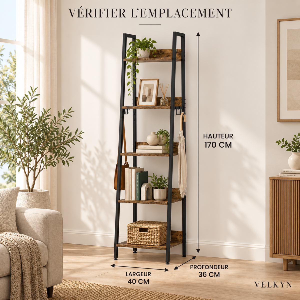 Dimensions de la bibliothèque échelle VELKYN : 40 × 36 × 170 cm
