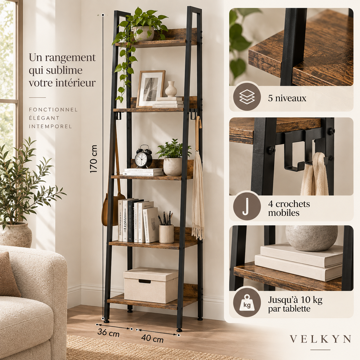 Détails de la bibliothèque échelle VELKYN en bois et métal