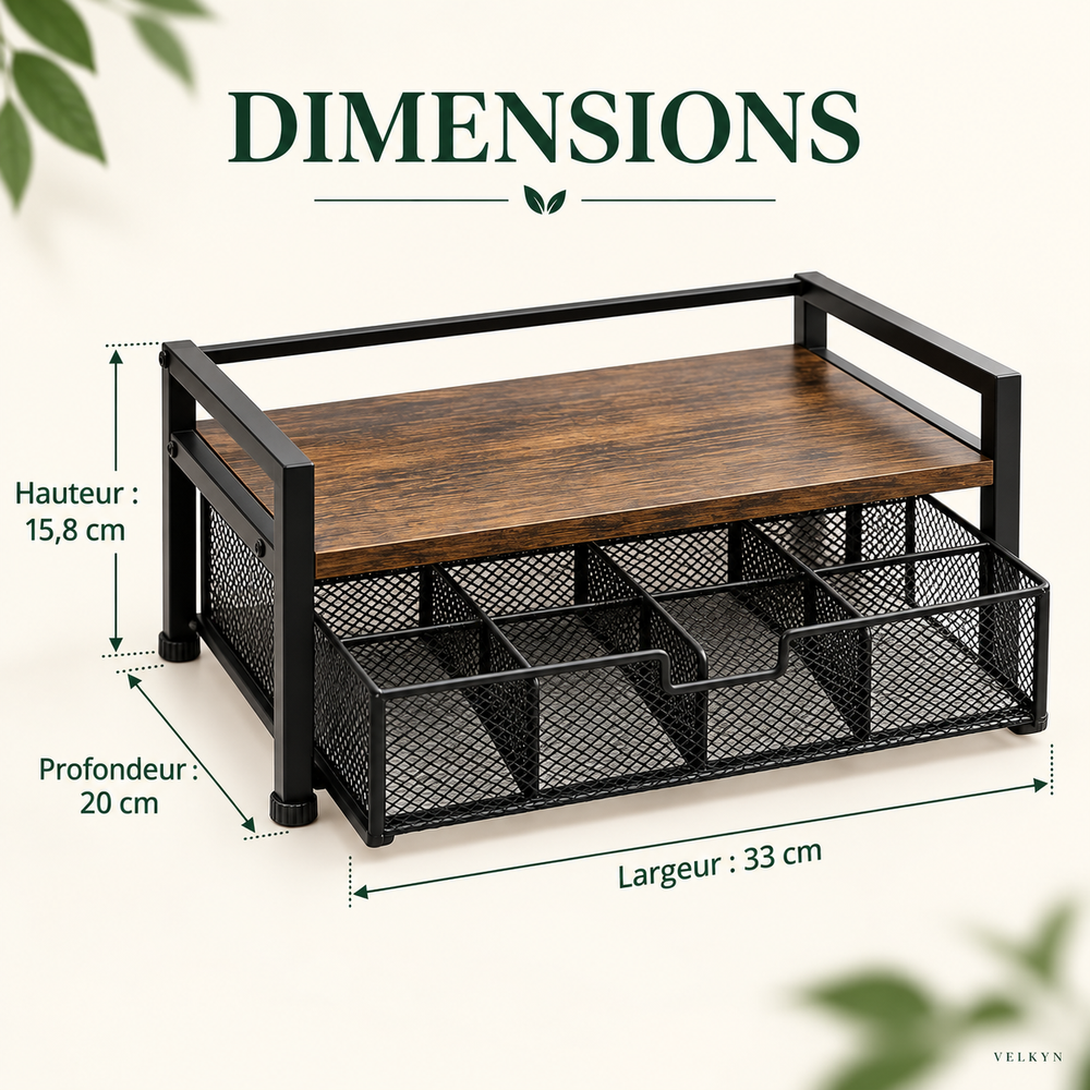 Dimensions de la boîte à thé VELKYN : 33 × 20 × 15,8 cm