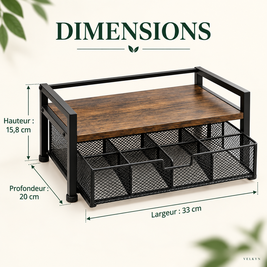 Dimensions de la boîte à thé VELKYN : 33 × 20 × 15,8 cm