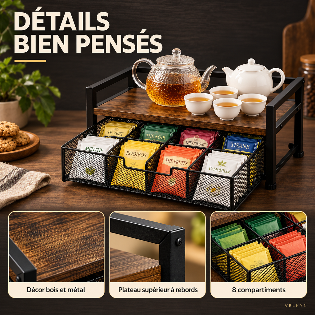 Détails et matériaux de la boîte à thé VELKYN