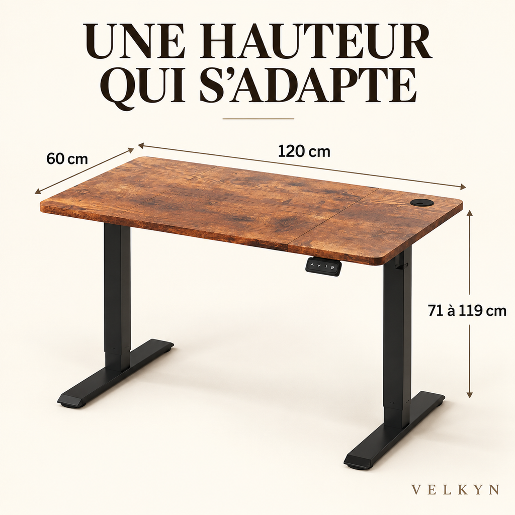 Bureau électrique assis-debout Velkyn – dimensions 120 × 60 cm et hauteur réglable