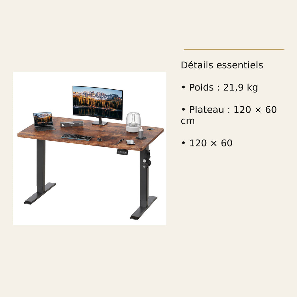 Bureau électrique Devoko – Plateau 120 × 60 cm – dimensions et caractéristiques