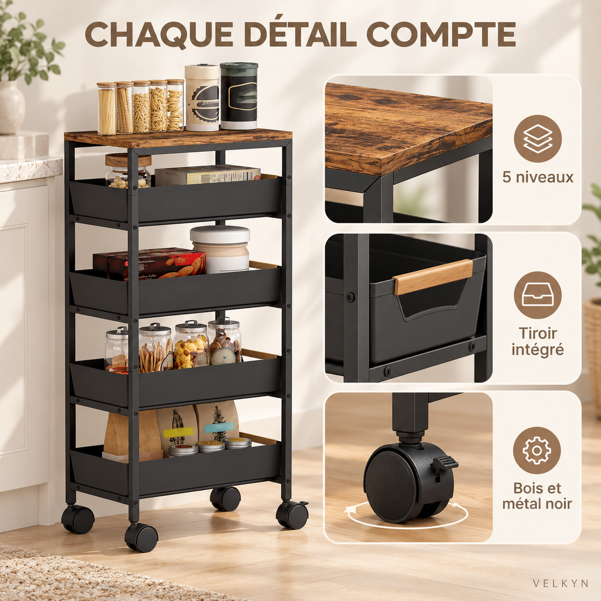 Détails de la desserte VELKYN en bois et métal noir