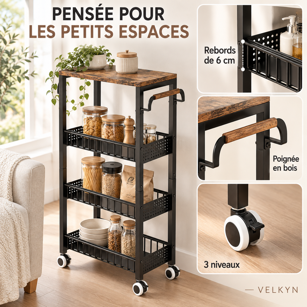 Détails de la desserte étroite VELKYN : 3 niveaux, rebords et poignée bois