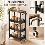 Détails de la desserte étroite VELKYN : 3 niveaux, rebords et poignée bois