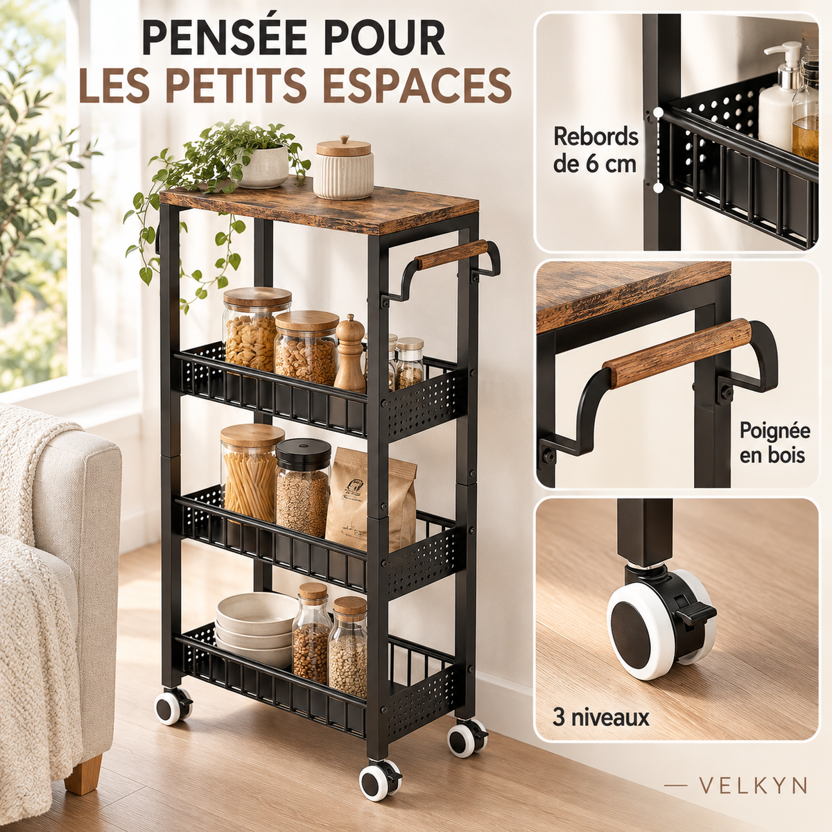 Détails de la desserte étroite VELKYN : 3 niveaux, rebords et poignée bois