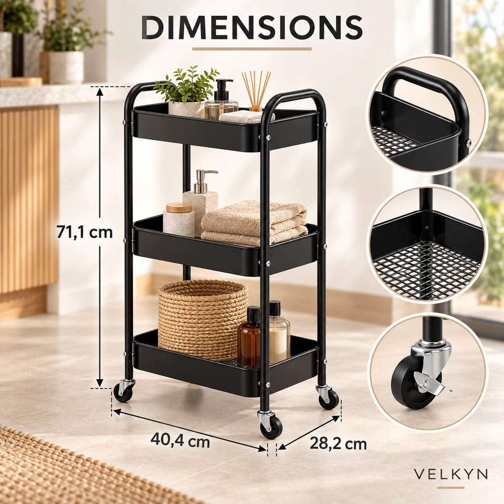 Dimensions de la desserte grillagée VELKYN : 40,4 × 28,2 × 71,1 cm