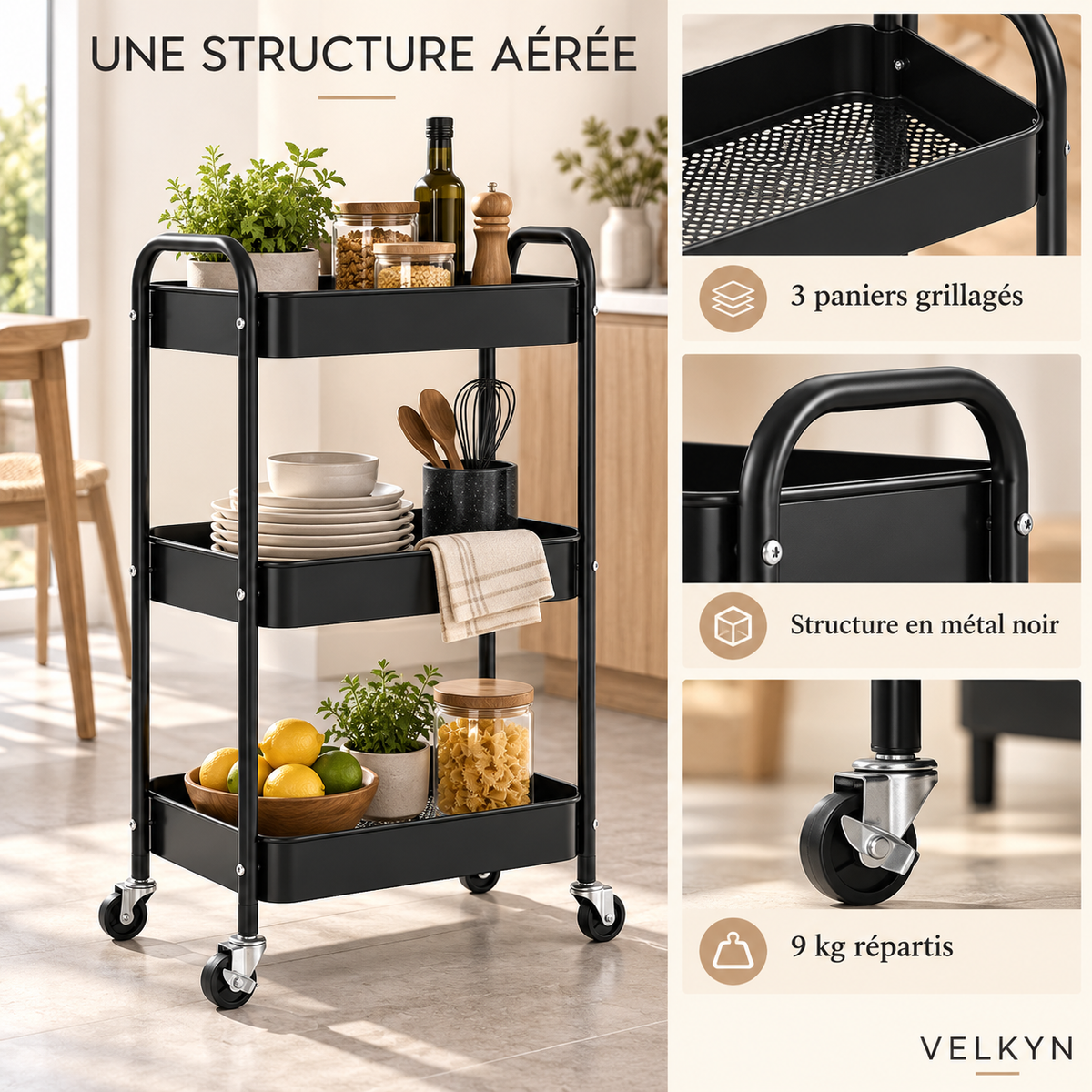 Détails de la desserte grillagée VELKYN en métal noir