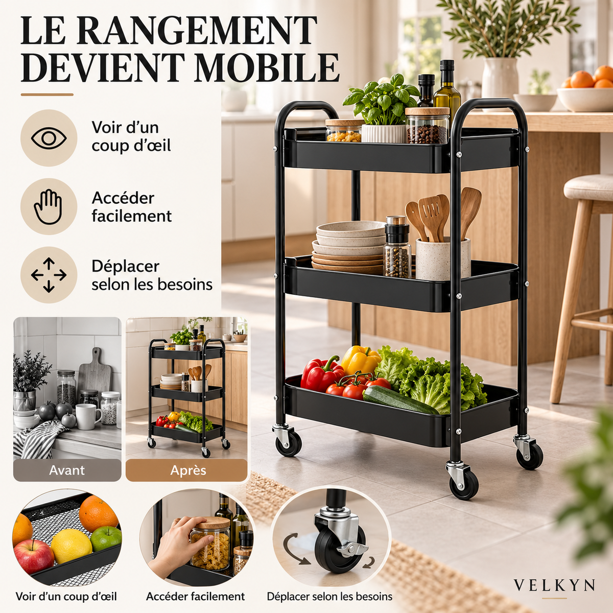 Bénéfices de rangement de la desserte grillagée VELKYN