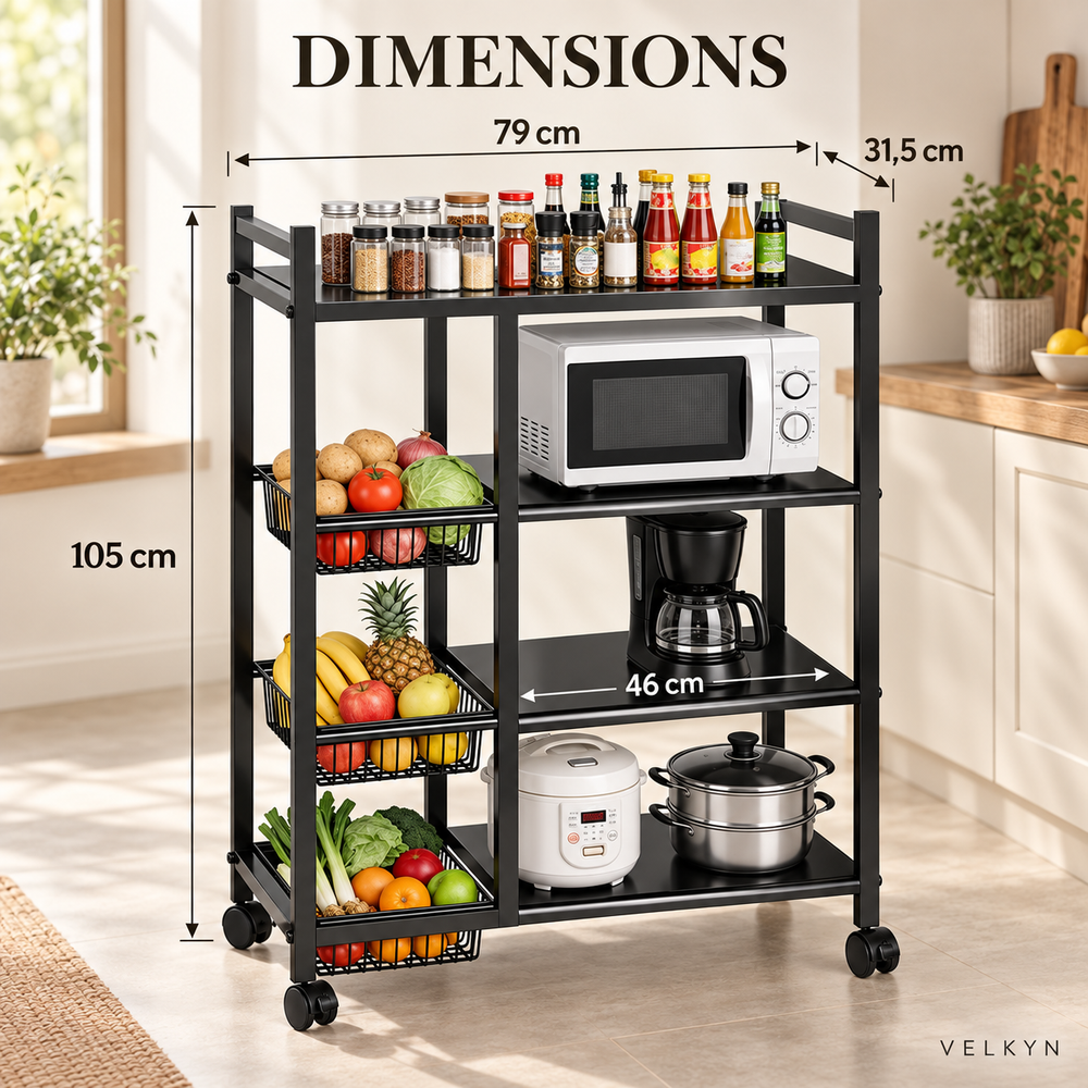 Dimensions de la desserte mobile VELKYN : 79 × 31,5 × 105 cm