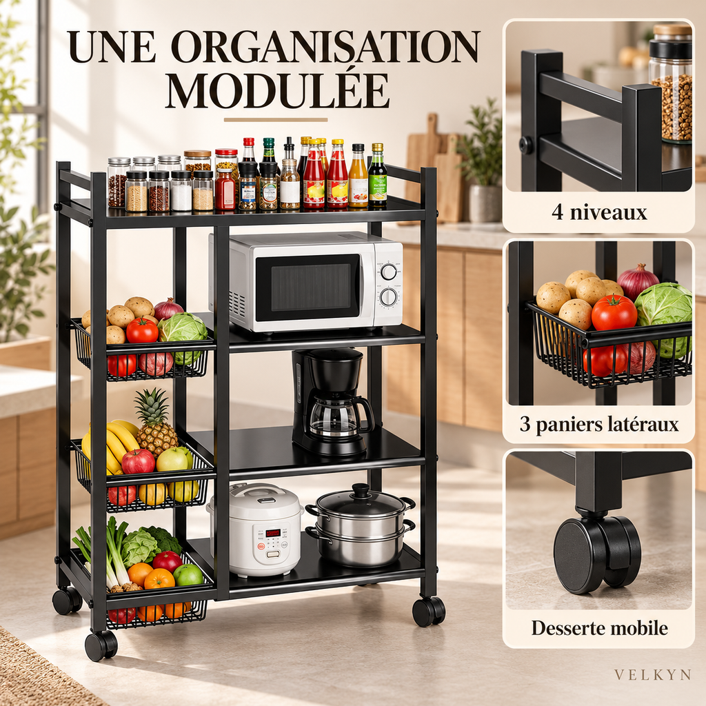 Détails de la desserte mobile VELKYN : 4 niveaux et 3 paniers latéraux