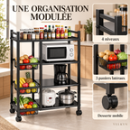 Détails de la desserte mobile VELKYN : 4 niveaux et 3 paniers latéraux