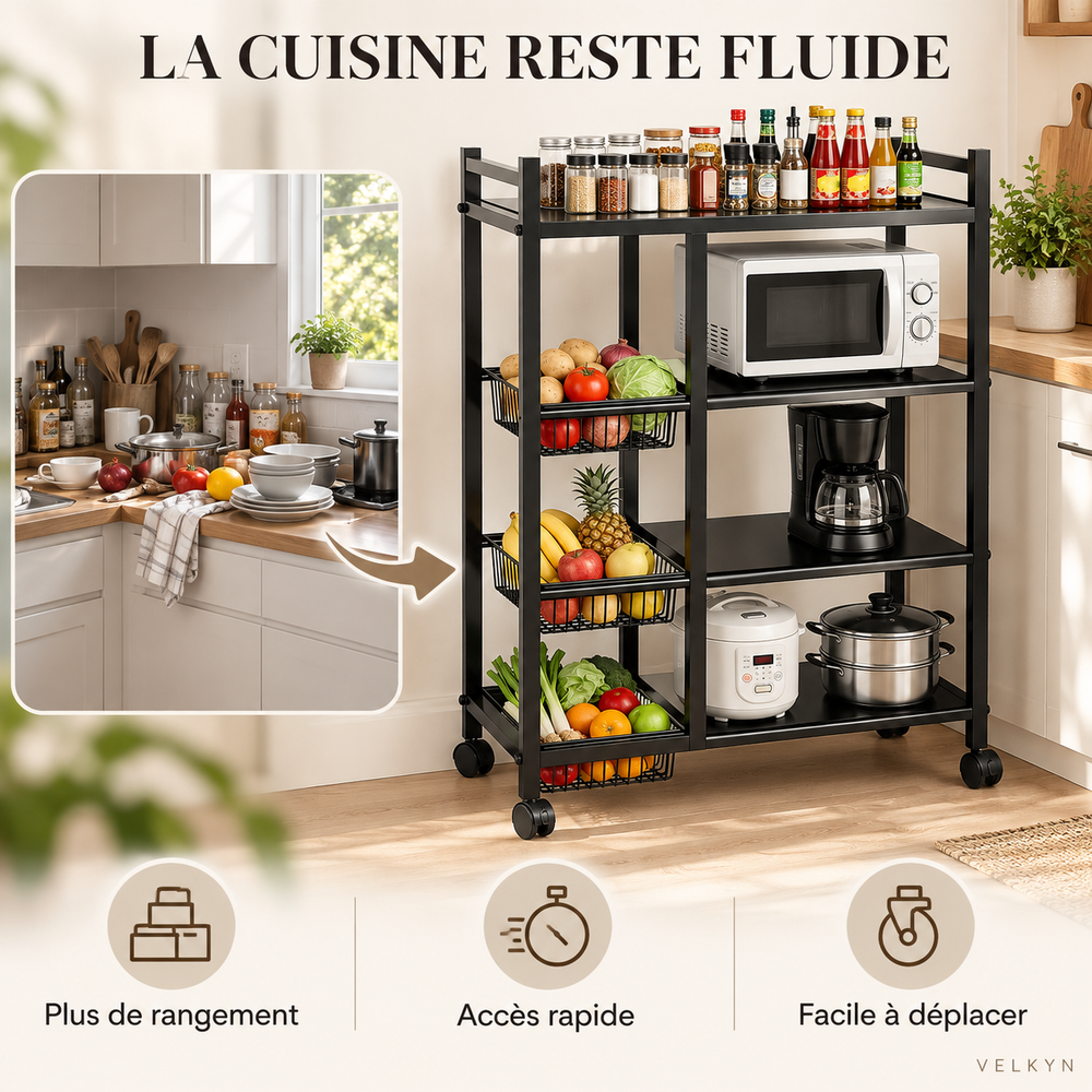 Bénéfices de rangement de la desserte mobile VELKYN