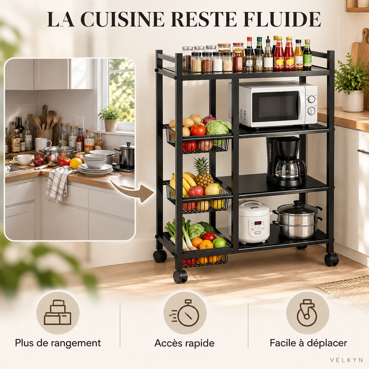 Bénéfices de rangement de la desserte mobile VELKYN