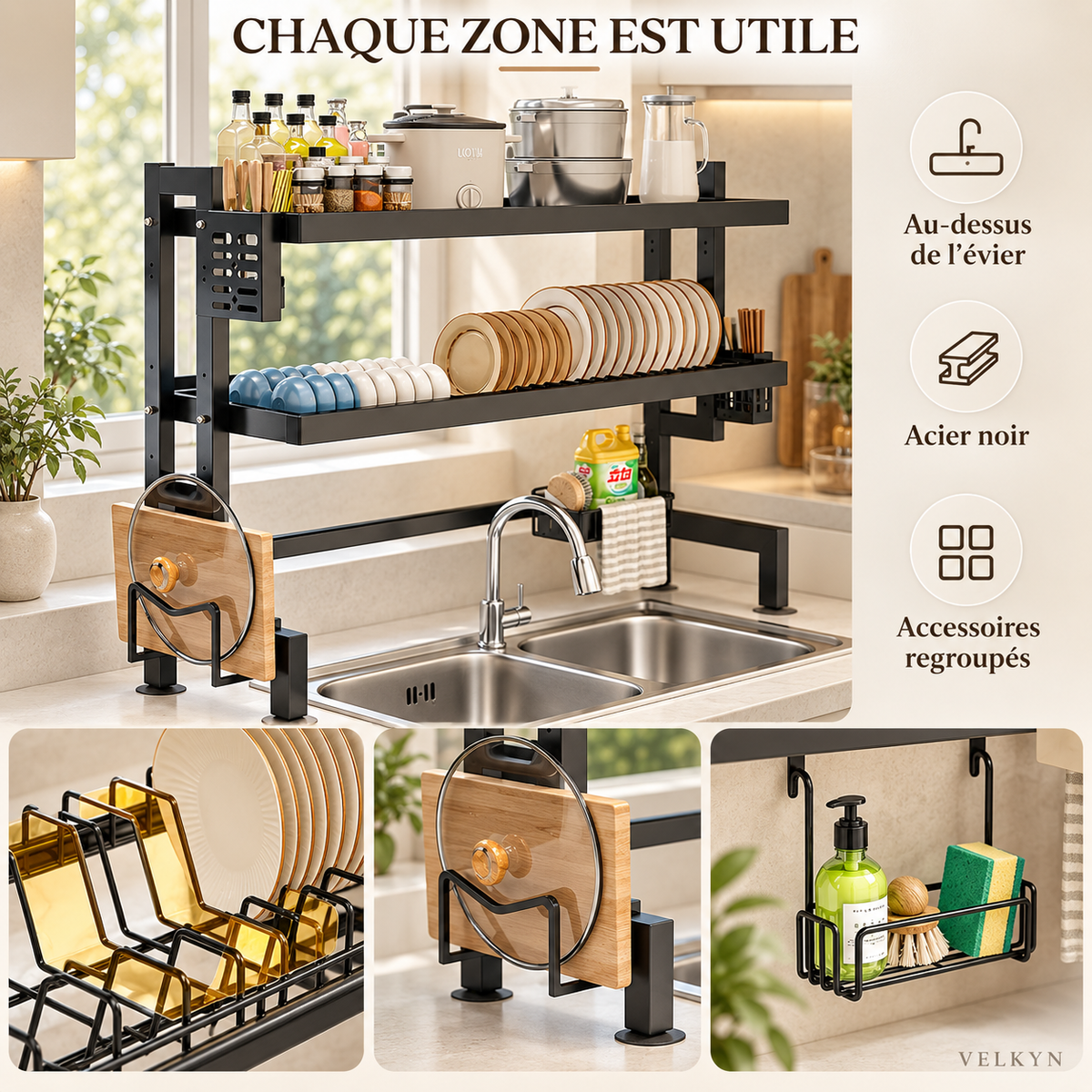 Détails et accessoires de l’égouttoir sur évier VELKYN