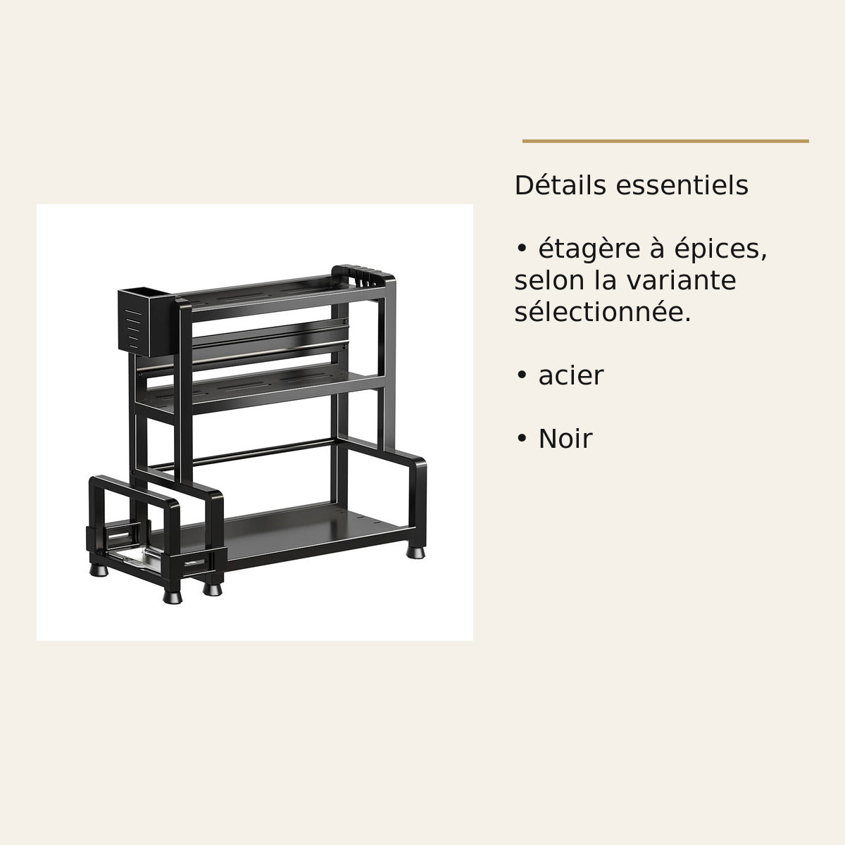Étagère à épices – Acier noir, 3 niveaux – dimensions et caractéristiques