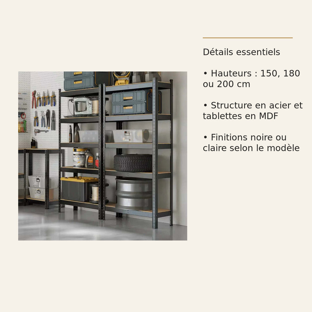 Étagère de charge – 5 niveaux, acier et MDF – dimensions et caractéristiques