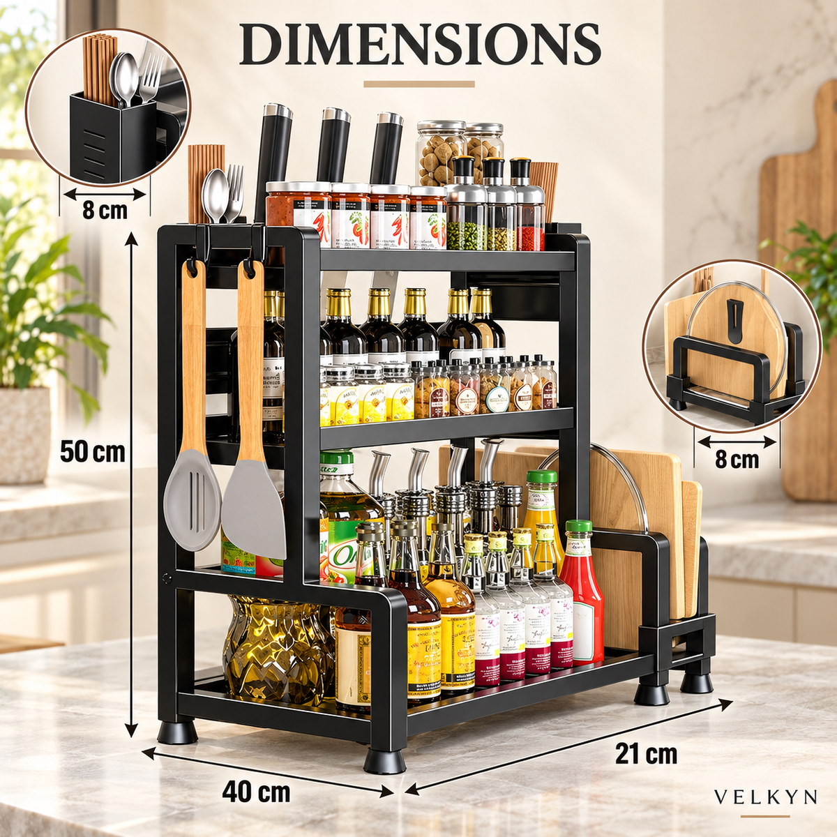 Dimensions de l’étagère à épices VELKYN : 40 × 21 × 50 cm