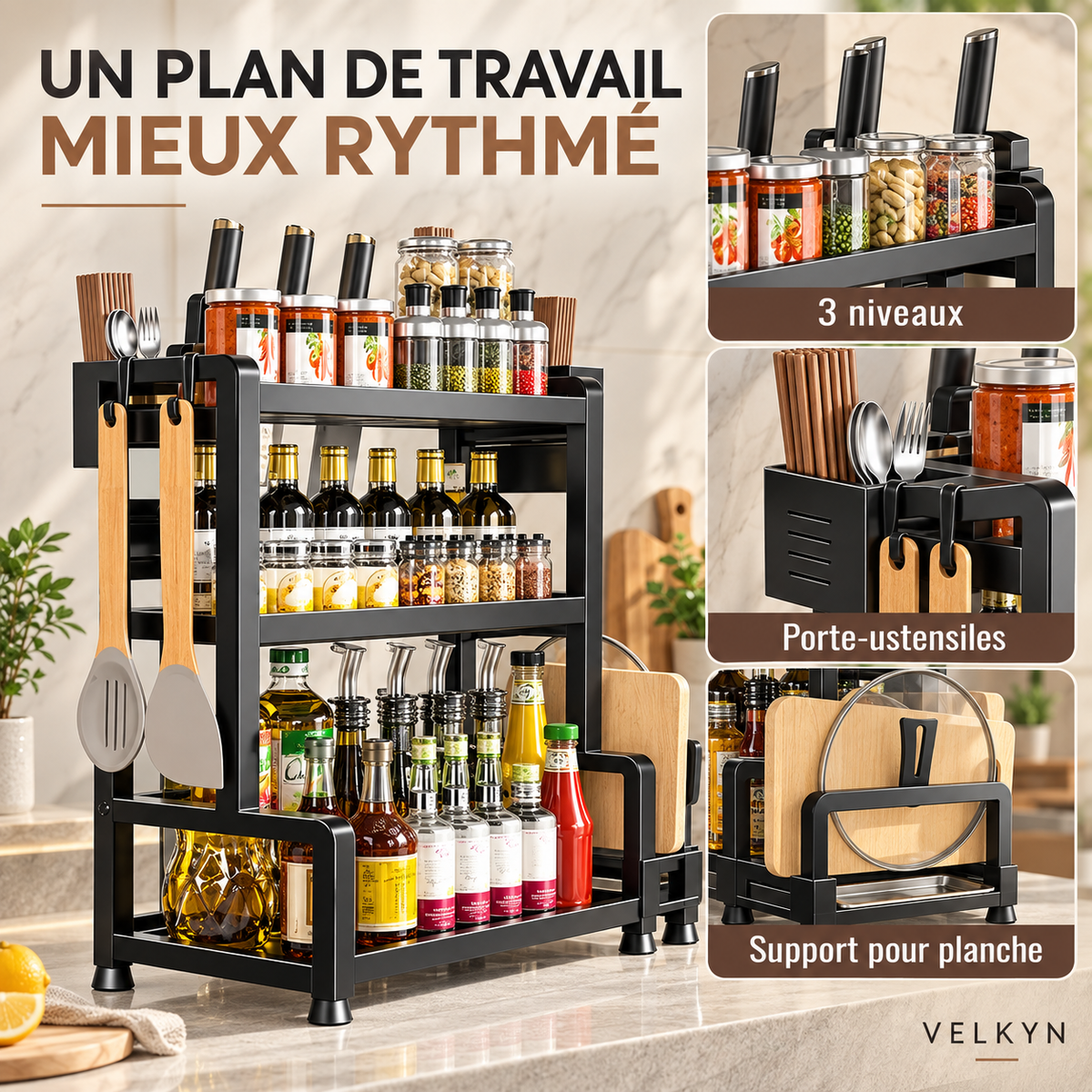 Détails de l’étagère à épices VELKYN avec supports latéraux