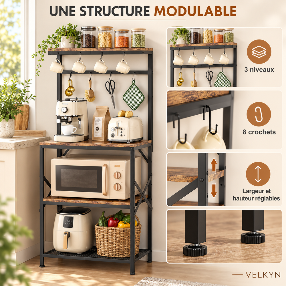 Détails de l’étagère VELKYN réglable avec 8 crochets