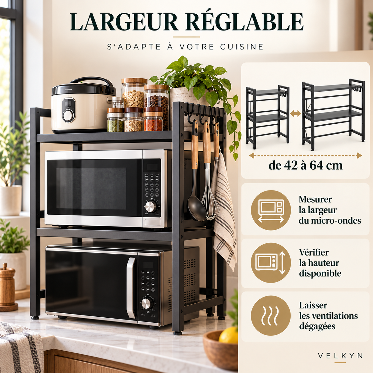 Guide de largeur réglable de l’étagère VELKYN : 42 à 64 cm