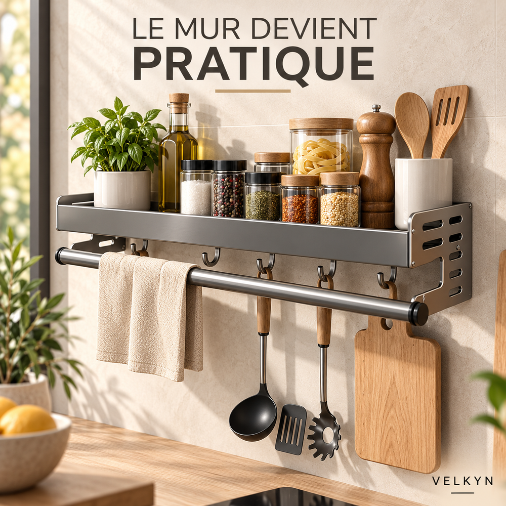 Étagère murale VELKYN installée dans une cuisine