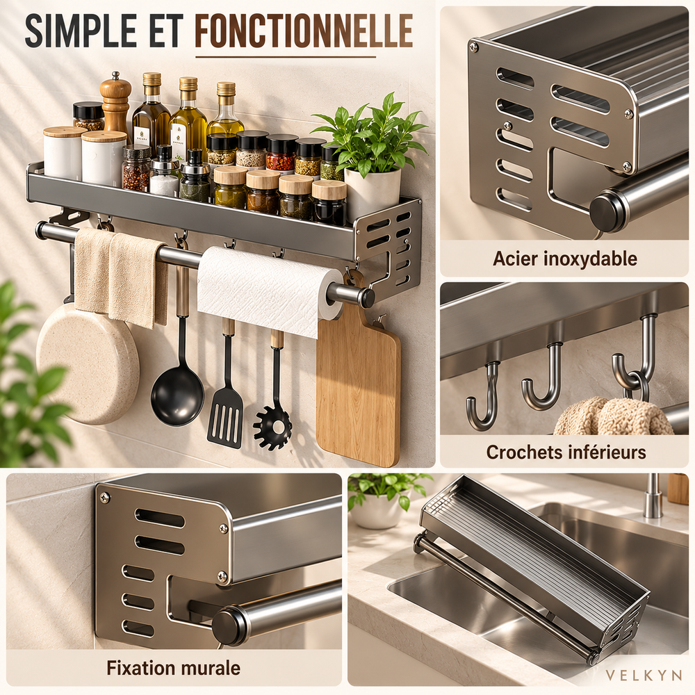 Détails de l’étagère murale VELKYN en acier inoxydable