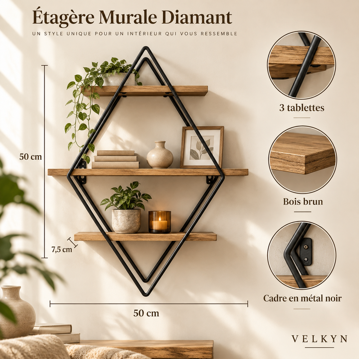 Détails de l’étagère Diamant VELKYN en bois et métal