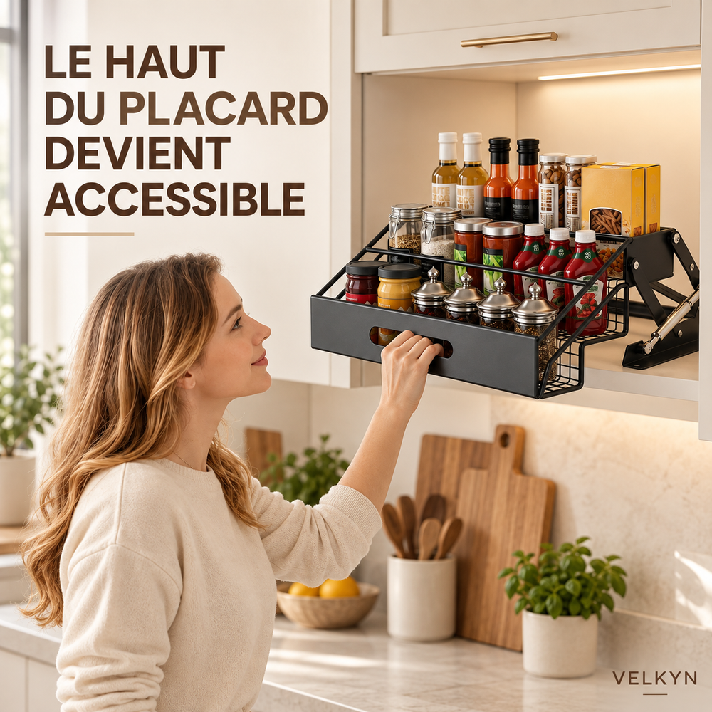 Étagère escamotable VELKYN abaissée dans un placard haut