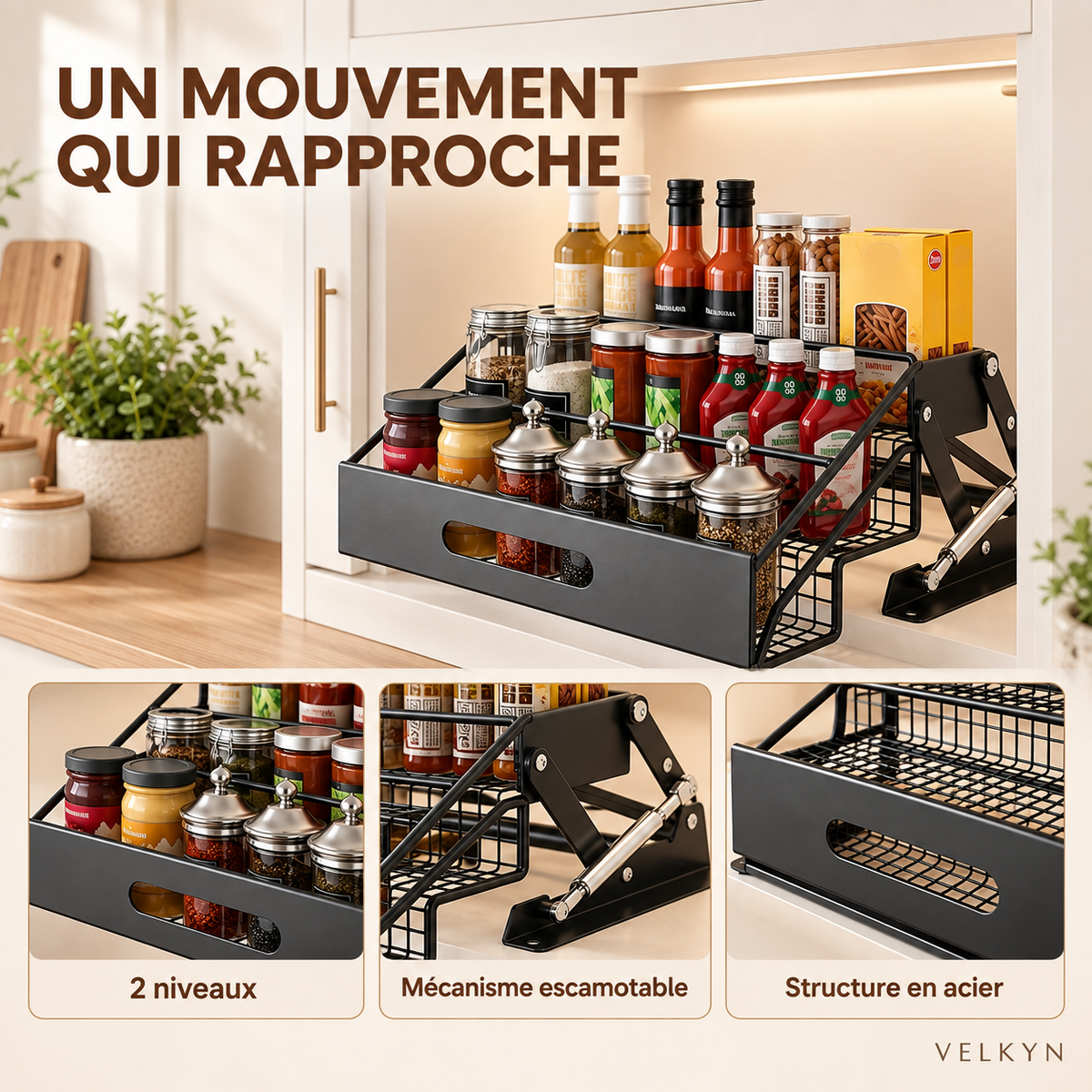 Détails du mécanisme de l’étagère escamotable VELKYN