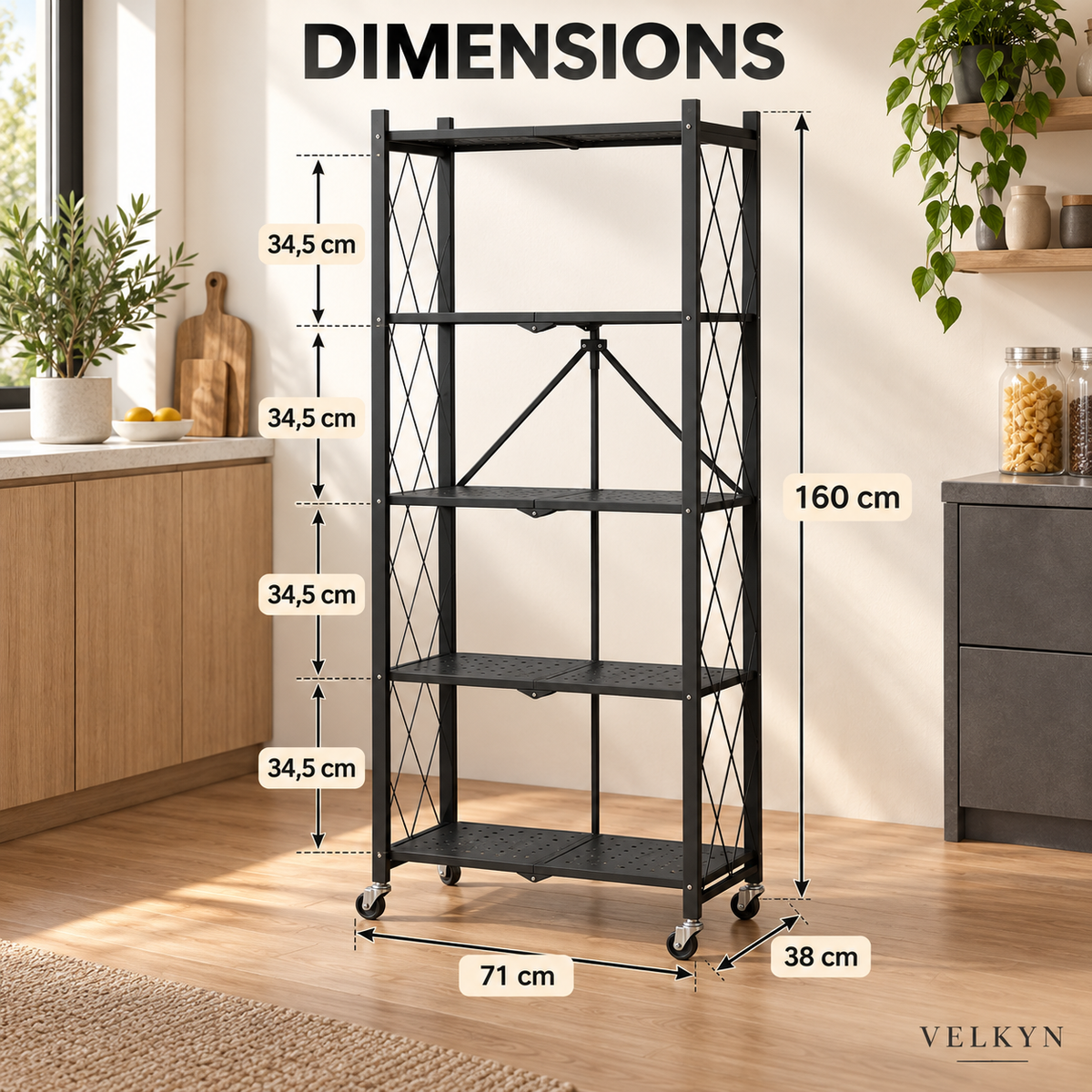 Dimensions de l’étagère pliante VELKYN : 71 × 38 × 160 cm