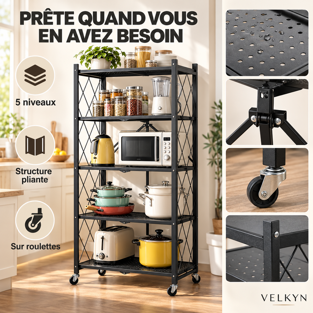 Détails de l’étagère pliante VELKYN sur roulettes