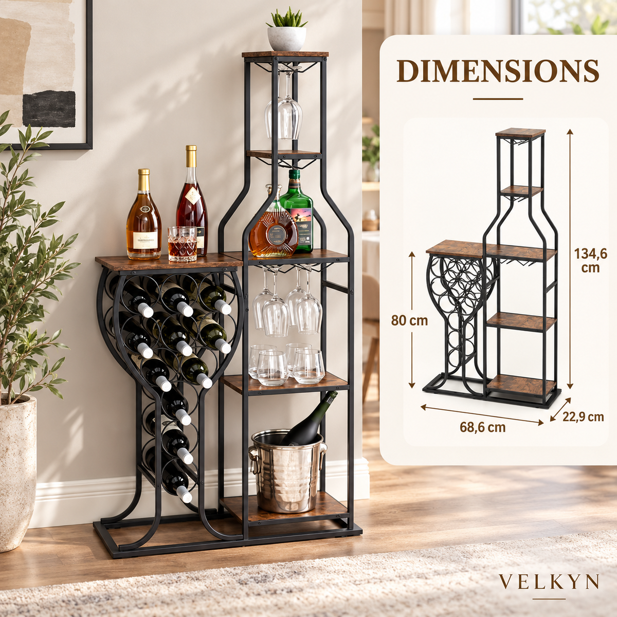 Dimensions de l’étagère à vin VELKYN : 68,6 × 22,9 × 134,6 cm