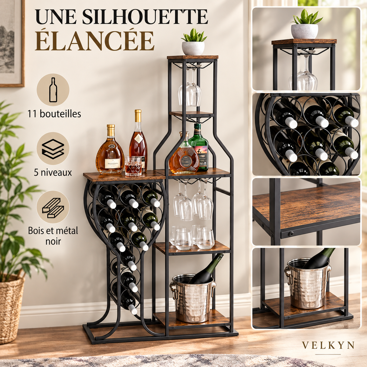 Détails de l’étagère à vin VELKYN en bois et métal noir