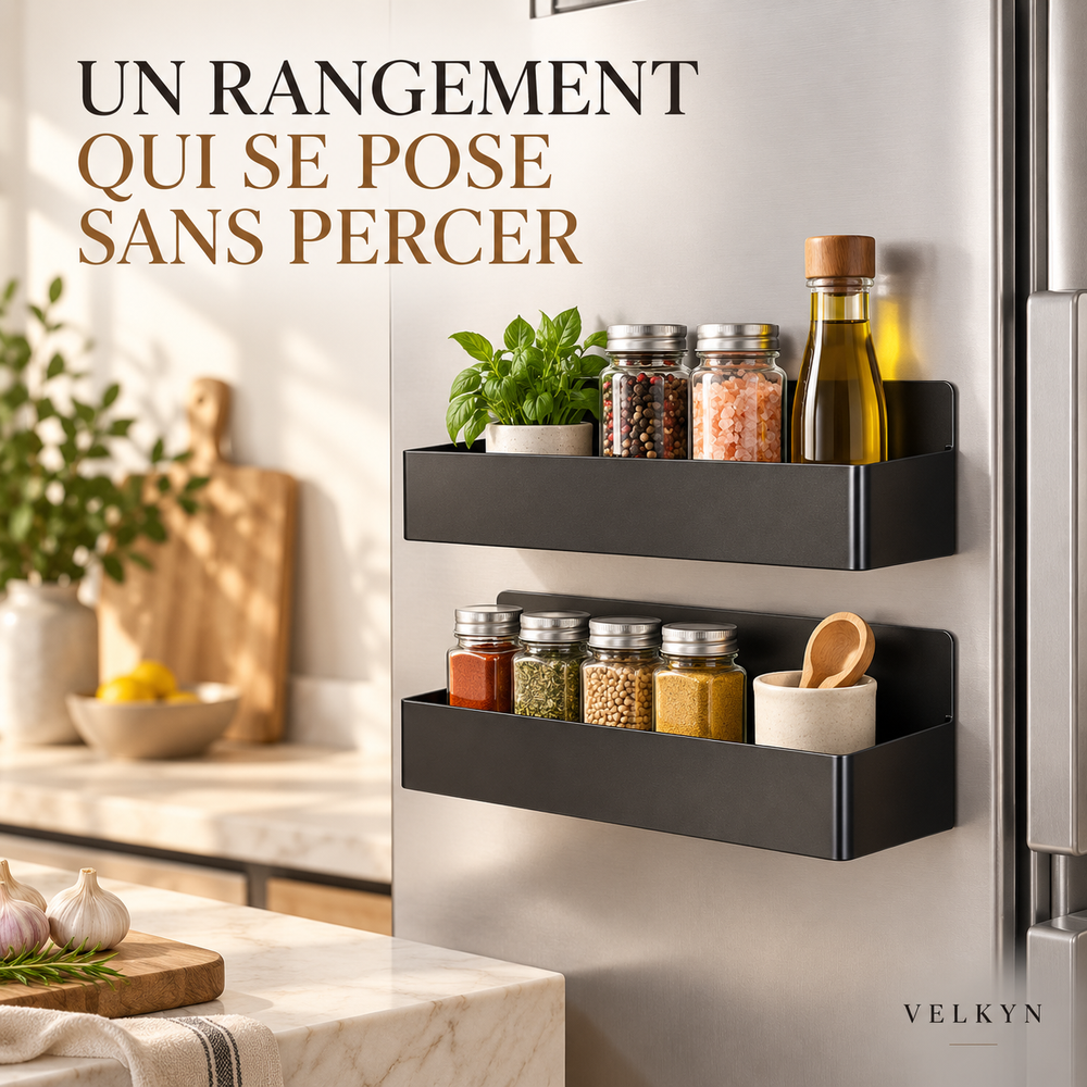 Étagères magnétiques VELKYN sur un réfrigérateur