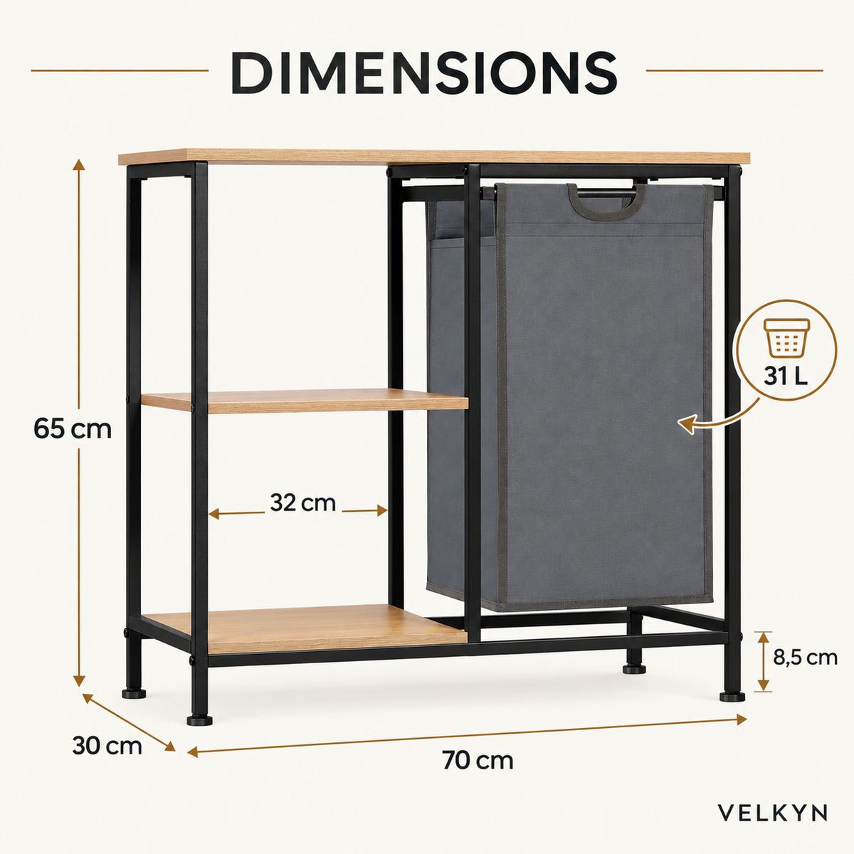 Meuble de buanderie 31 L – dimensions 70 × 30 × 65 cm