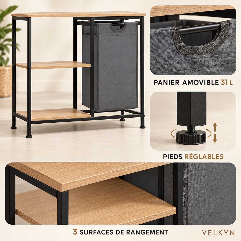 Meuble de buanderie 31 L – panier, pieds et rangements