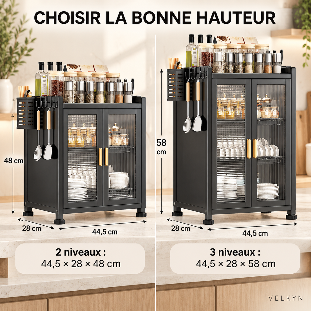 Dimensions des versions 2 et 3 niveaux du meuble fermé VELKYN