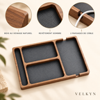Organiseur de bureau en bois Velkyn – détails du bois et passages de câble