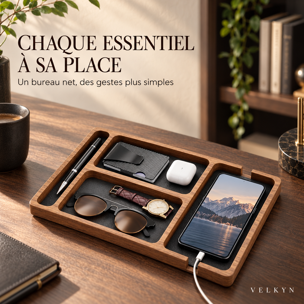 Organiseur de bureau en bois Velkyn – accessoires rangés sur un bureau