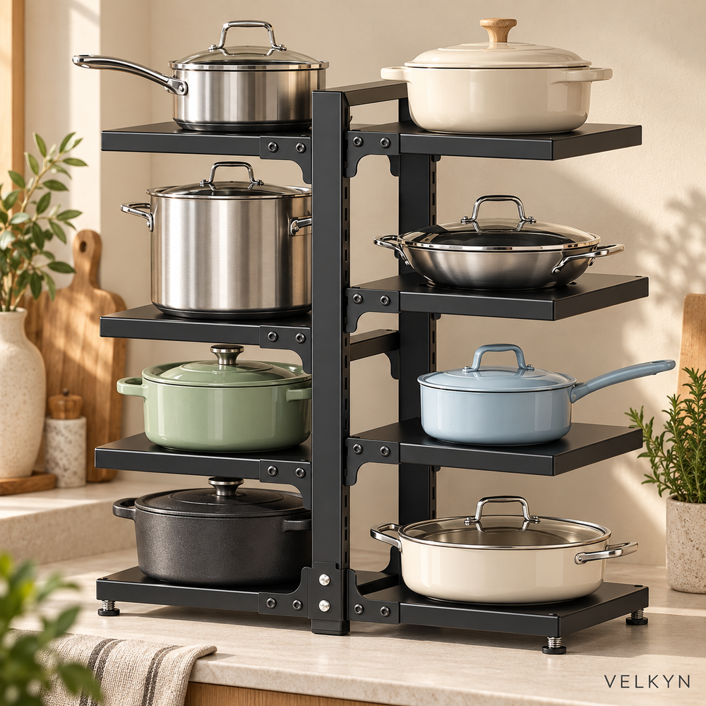 Organiseur VELKYN avec casseroles rangées sur 8 supports