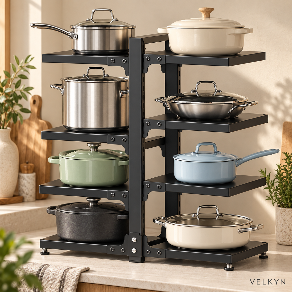 Organiseur VELKYN avec casseroles rangées sur 8 supports