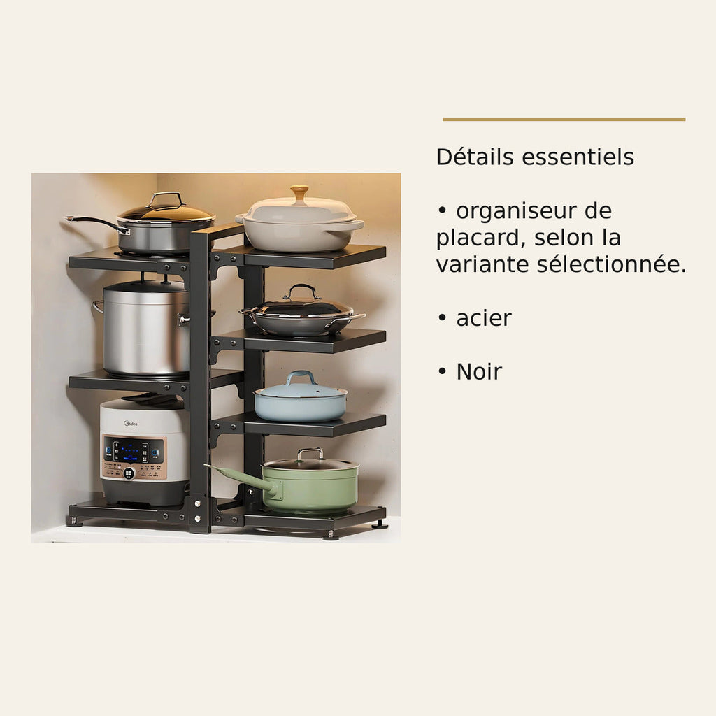 Organiseur réglable pour casseroles – Acier noir – dimensions et caractéristiques