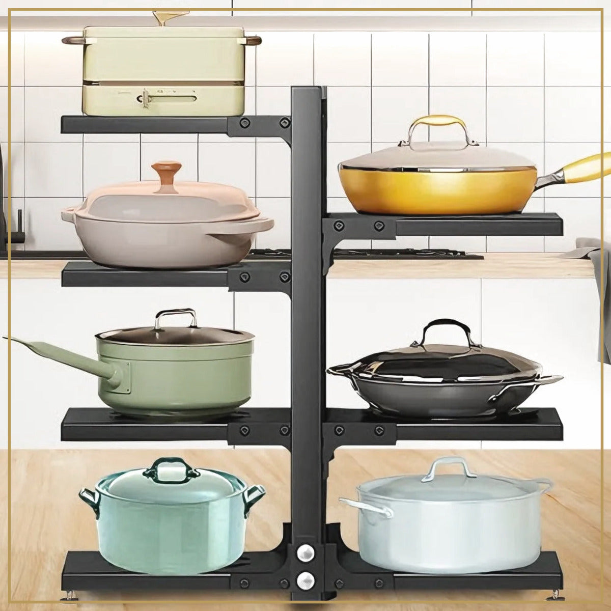 Organiseur réglable pour casseroles – Acier noir – mise en situation
