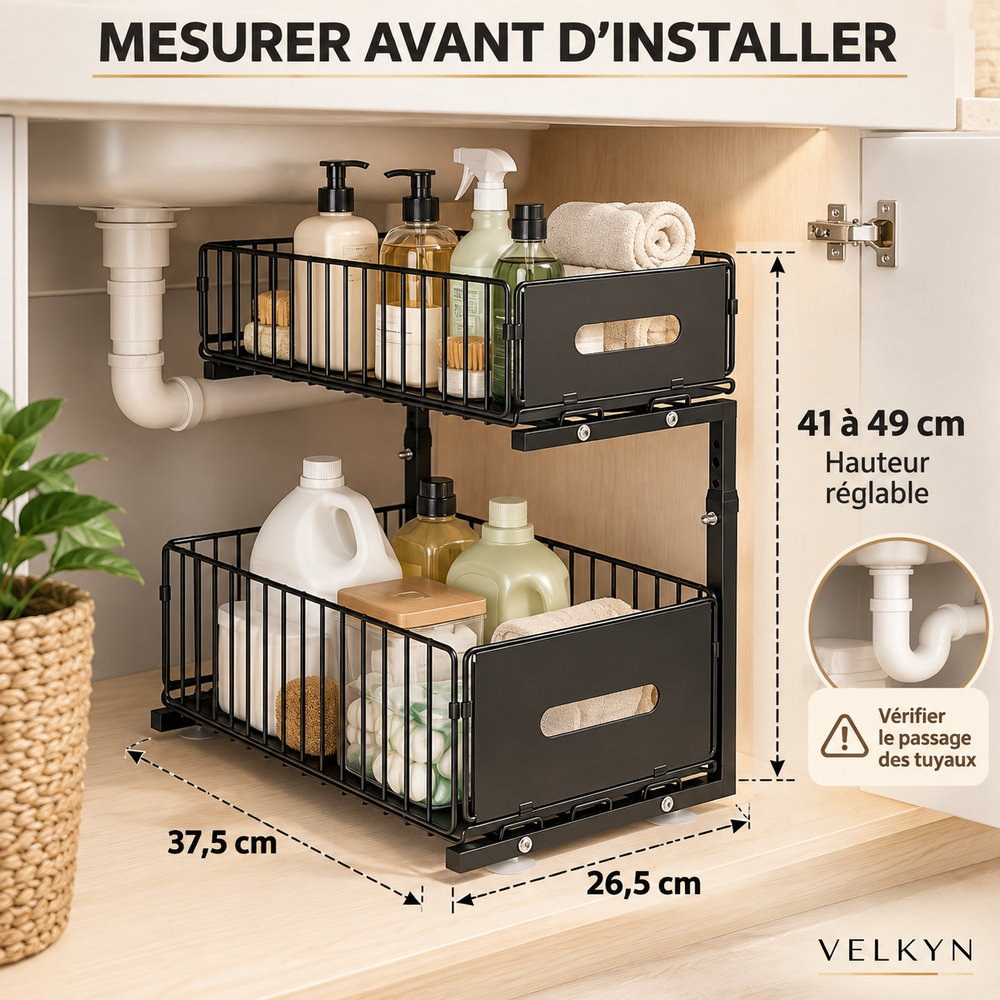 Dimensions de l’organiseur sous évier VELKYN : 37,5 × 26,5 cm, hauteur 41 à 49 cm
