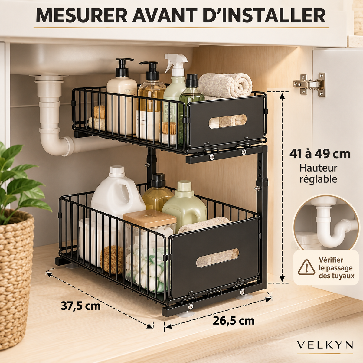 Dimensions de l’organiseur sous évier VELKYN : 37,5 × 26,5 cm, hauteur 41 à 49 cm