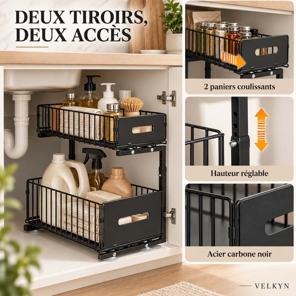 Détails de l’organiseur sous évier VELKYN à deux paniers