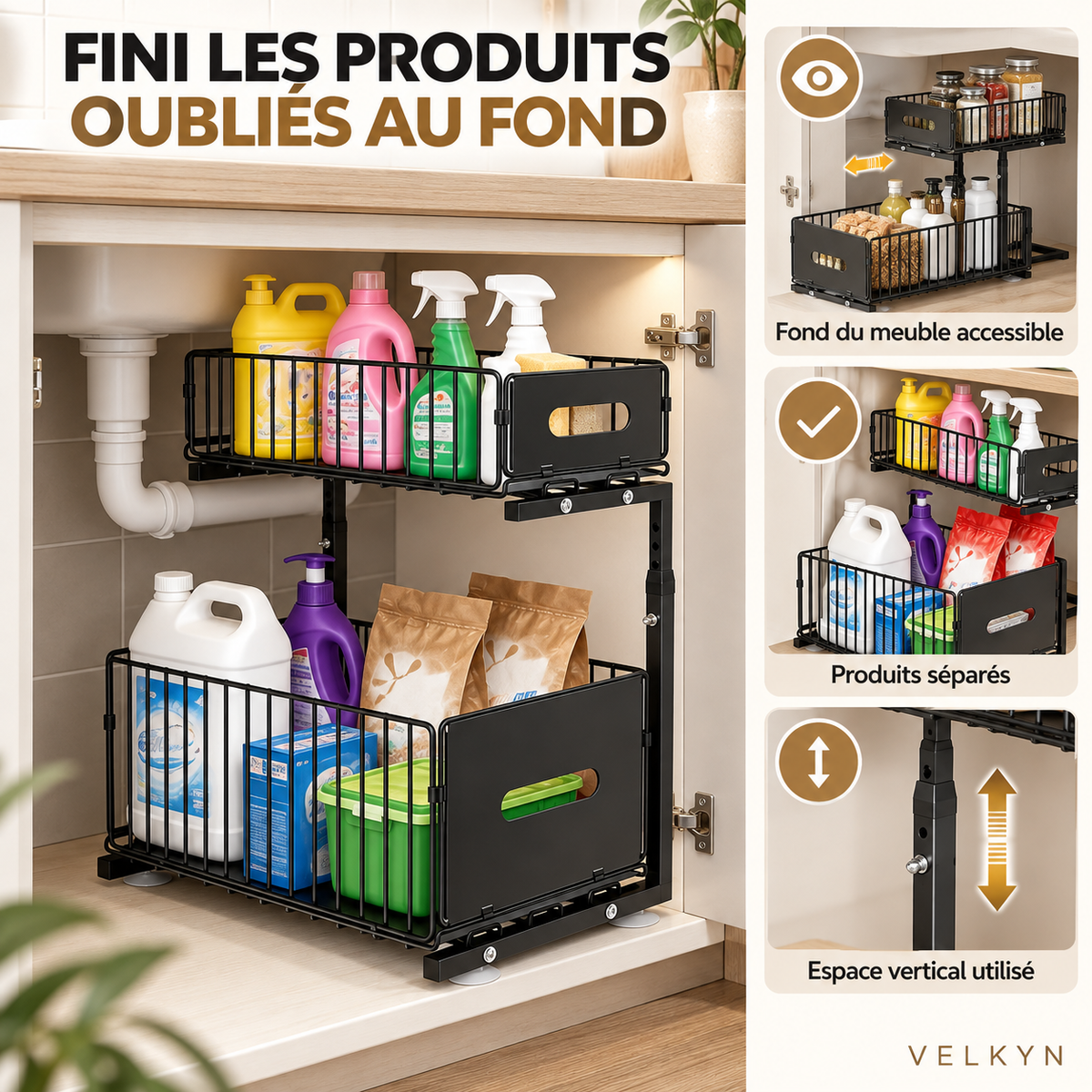 Bénéfices de l’organiseur coulissant sous évier VELKYN